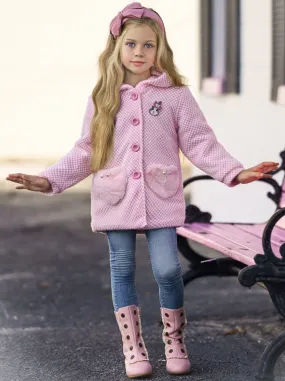 Girls Pink Wool Coat with Hood and Fluffy Pockets