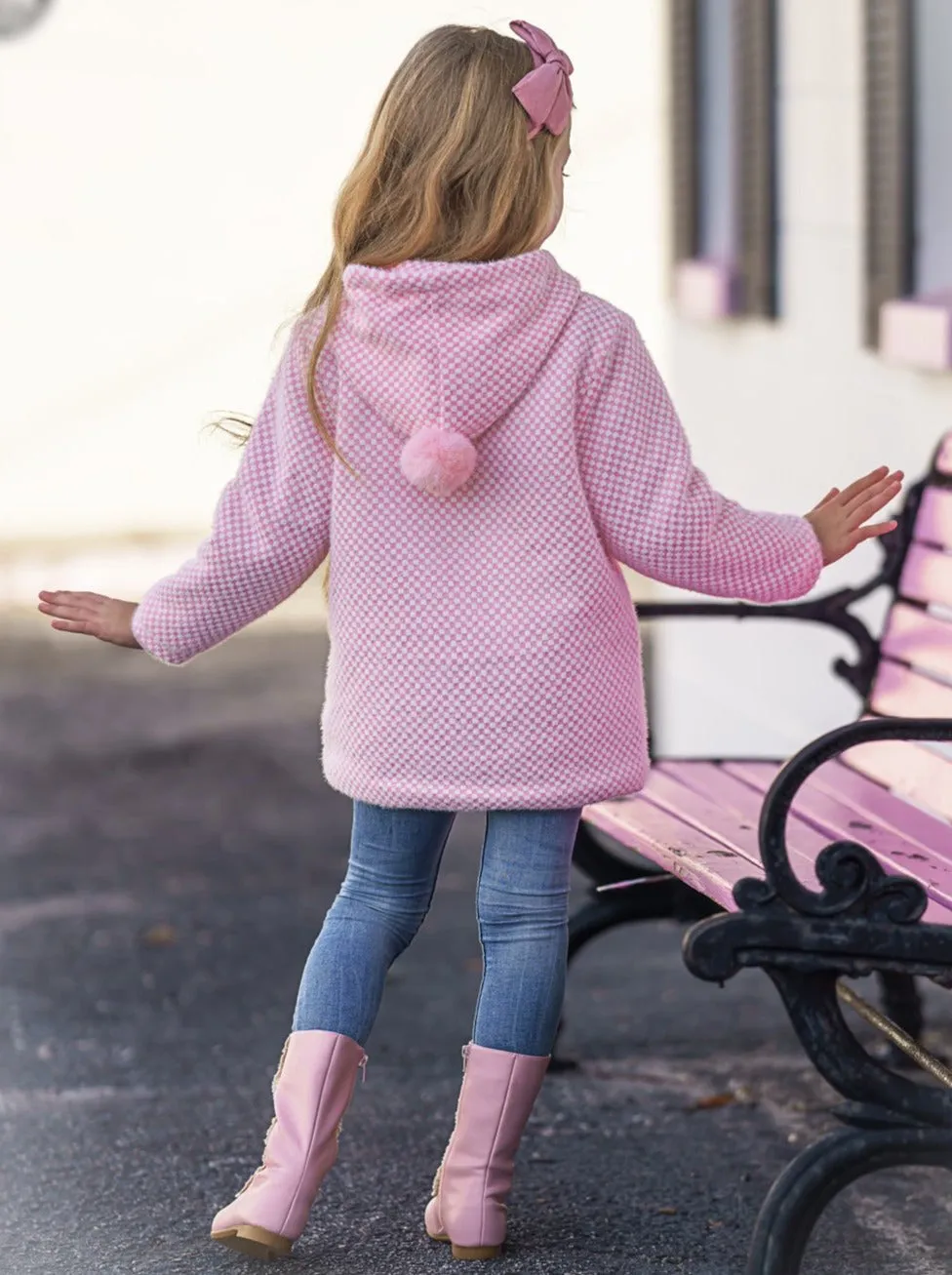 Girls Pink Wool Coat with Hood and Fluffy Pockets