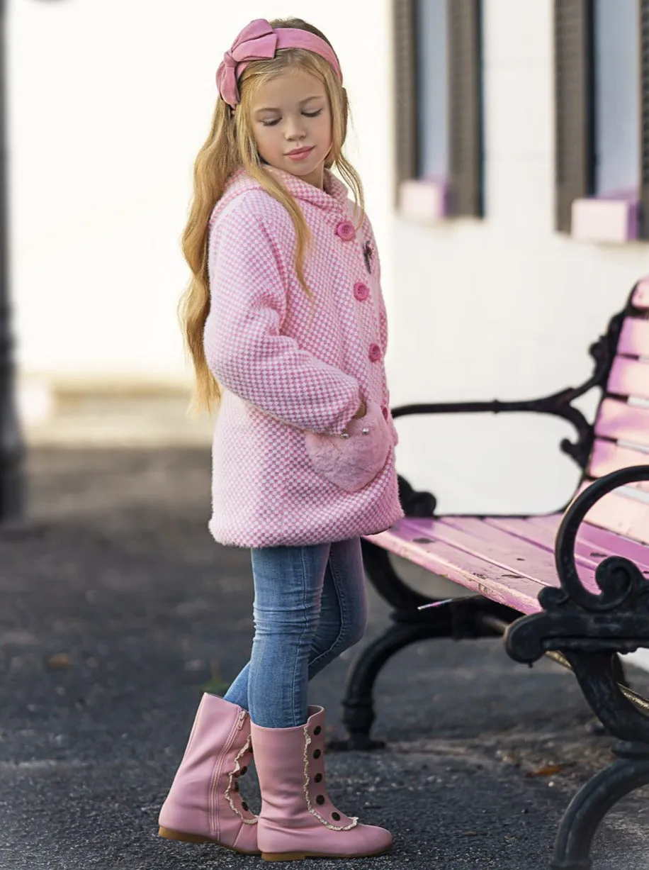 Girls Pink Wool Coat with Hood and Fluffy Pockets