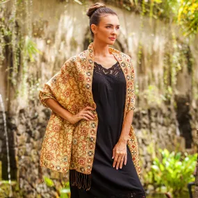 Handmade Ginger Batik Silk Shawl with Floral Motifs from Bali - Truntum Forest Design