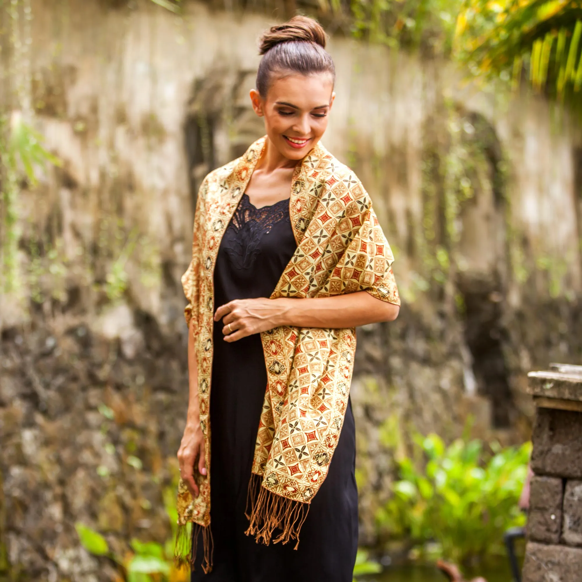 Handmade Ginger Batik Silk Shawl with Floral Motifs from Bali - Truntum Forest Design