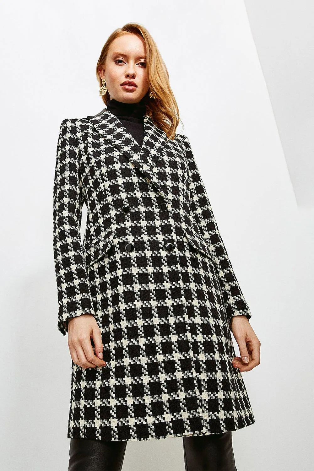 Houndstooth Coat with PU Collar by Karen Millen