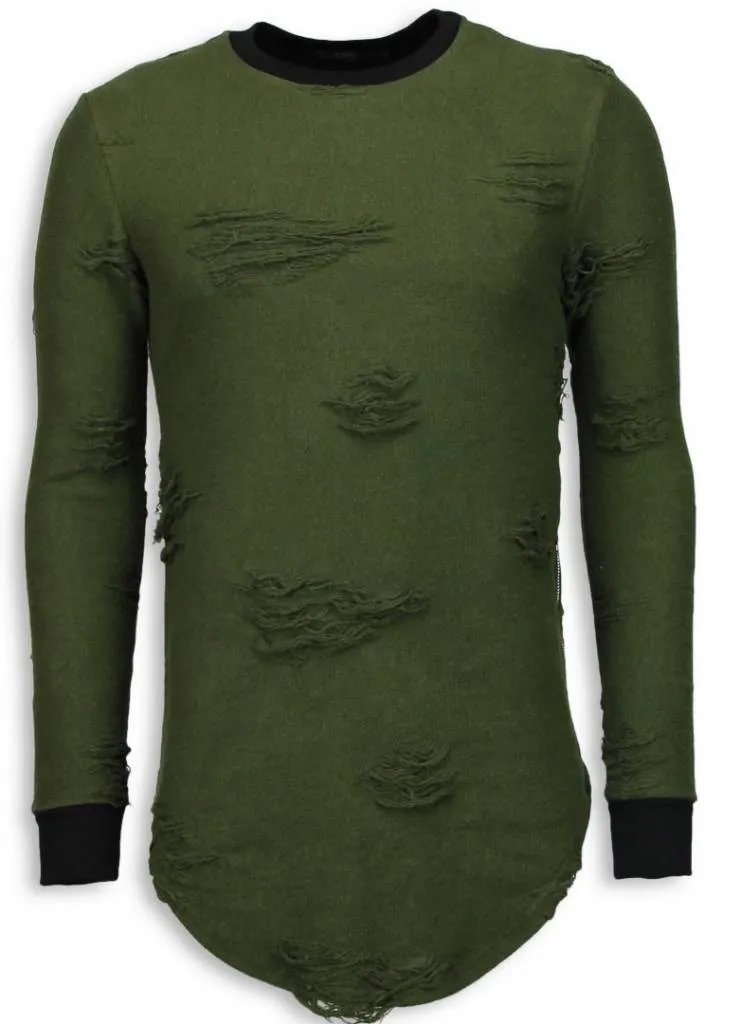 John H Destroyed Look Crewneck - Latest Trend Long Style Sweatshirt - Green