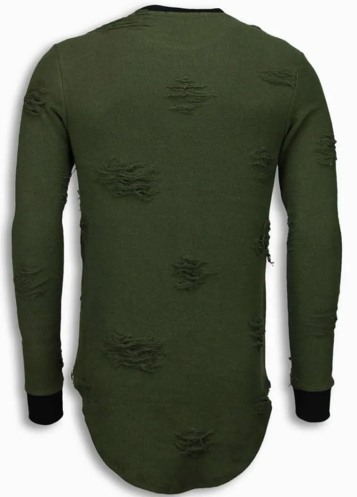 John H Destroyed Look Crewneck - Latest Trend Long Style Sweatshirt - Green