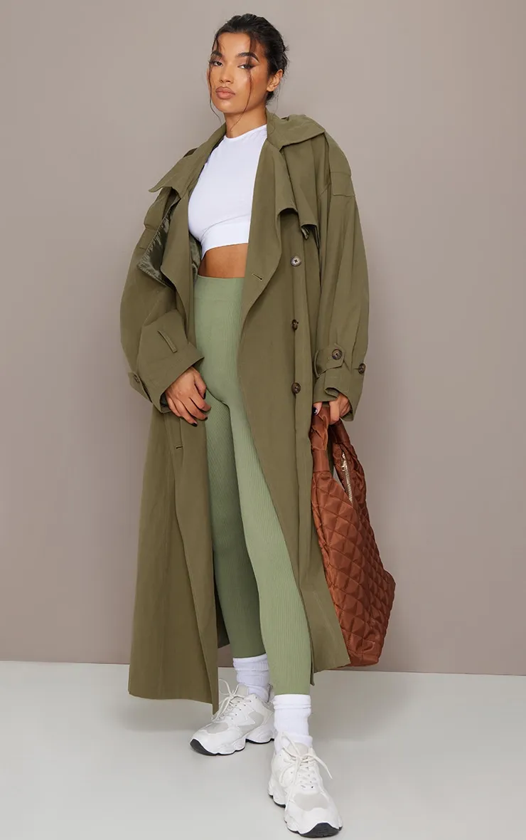 Oversized Khaki Trench Coat with Premium Woven Hood