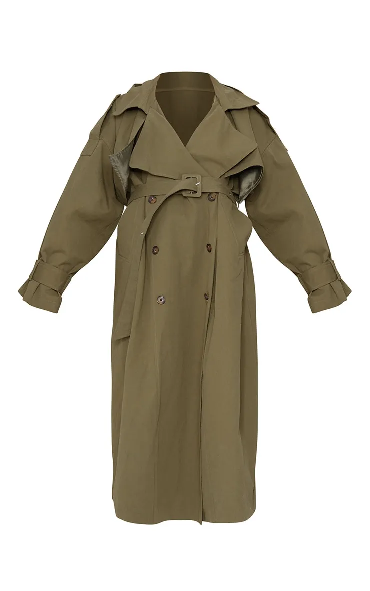 Oversized Khaki Trench Coat with Premium Woven Hood