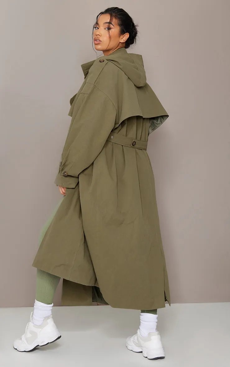 Oversized Khaki Trench Coat with Premium Woven Hood