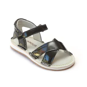 L'Amour Crisscross Black Patent Sandals for Girls