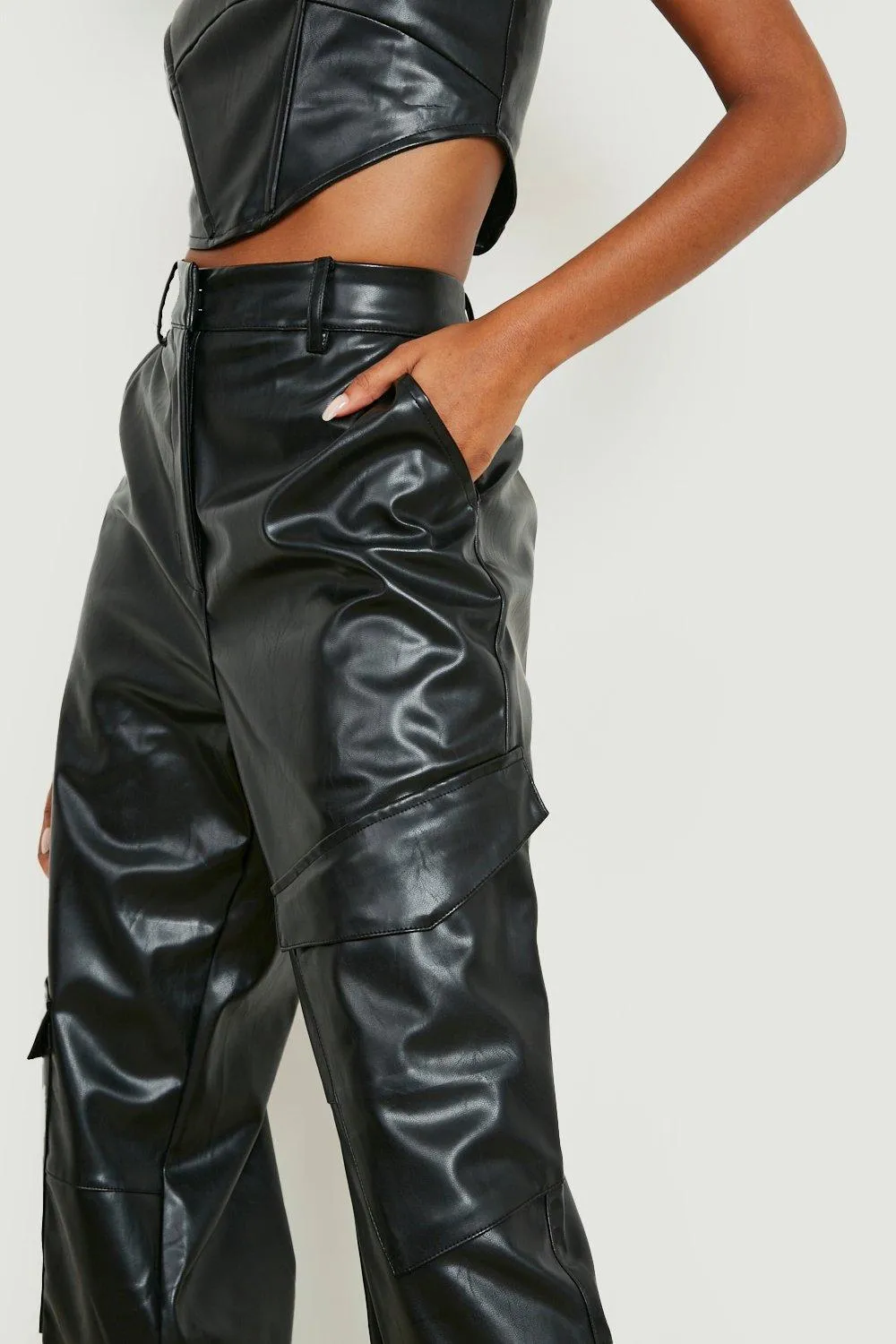 Leather Look Wide Leg Cargo Trousers by boohoo