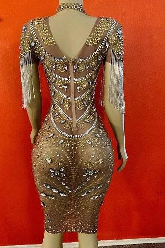 Gold Tassel Dress with Libra Diamante Embellishments