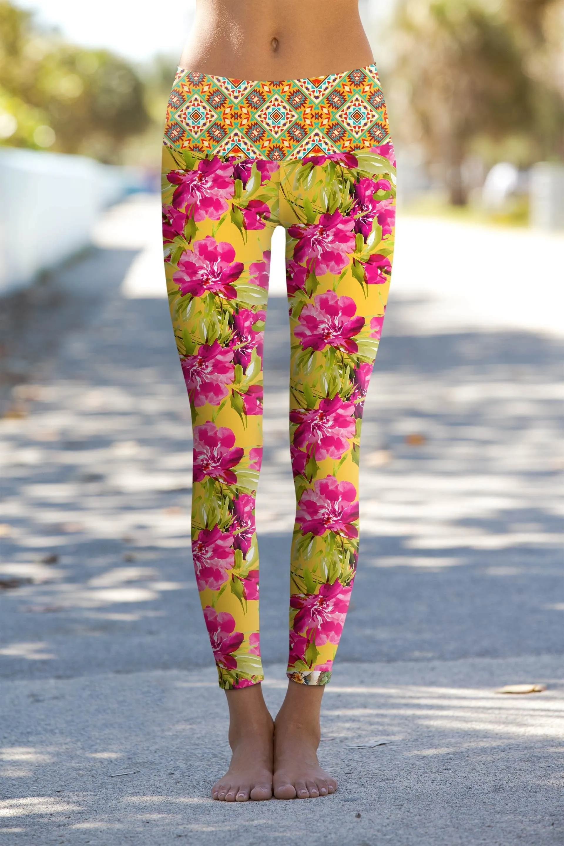 Lucy Yellow Floral Printed Yoga Pants for Women