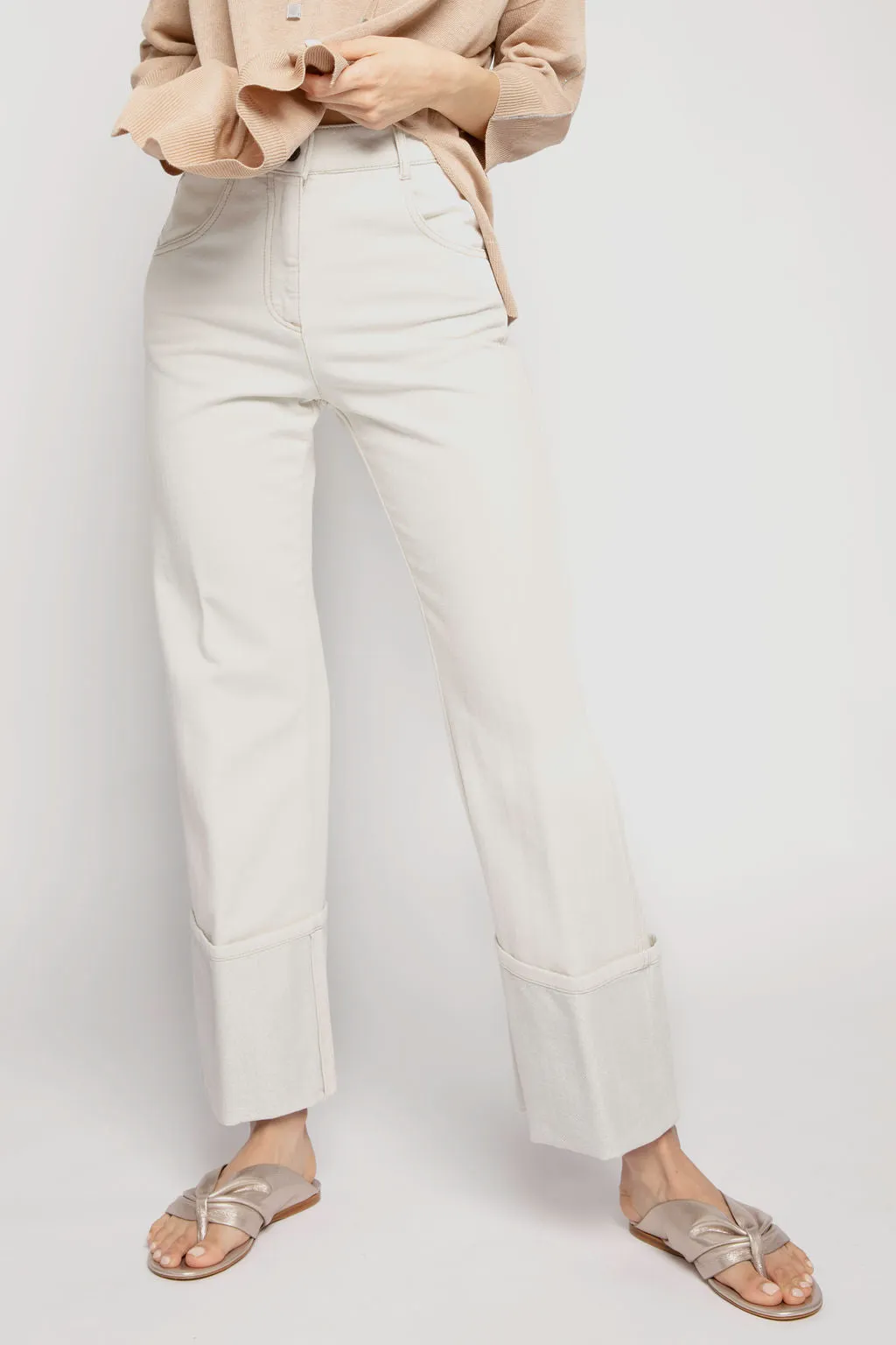 Lurex Cuff Cotton Pants in Parchment