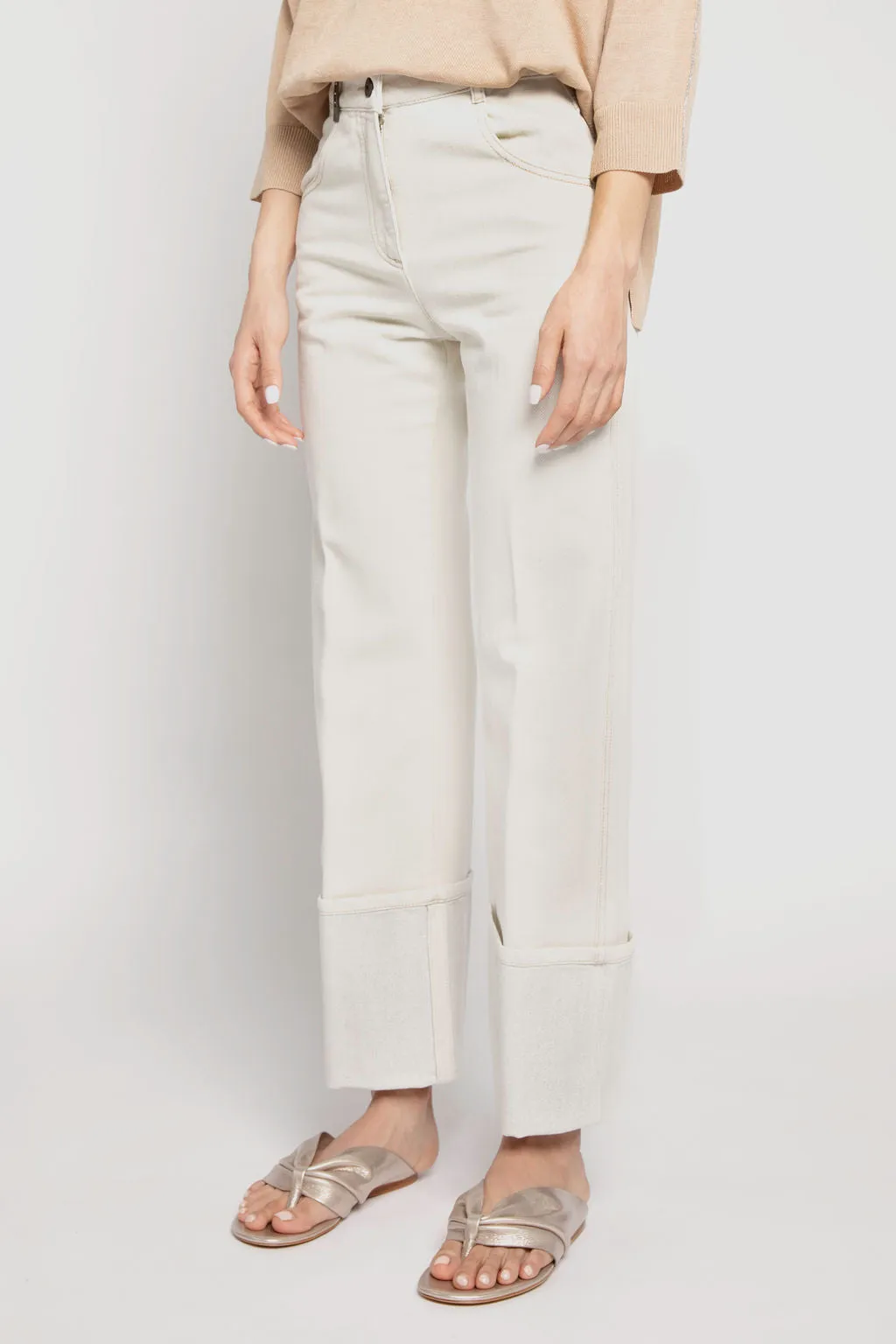 Lurex Cuff Cotton Pants in Parchment