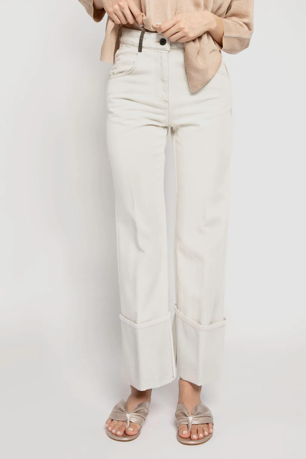 Lurex Cuff Cotton Pants in Parchment