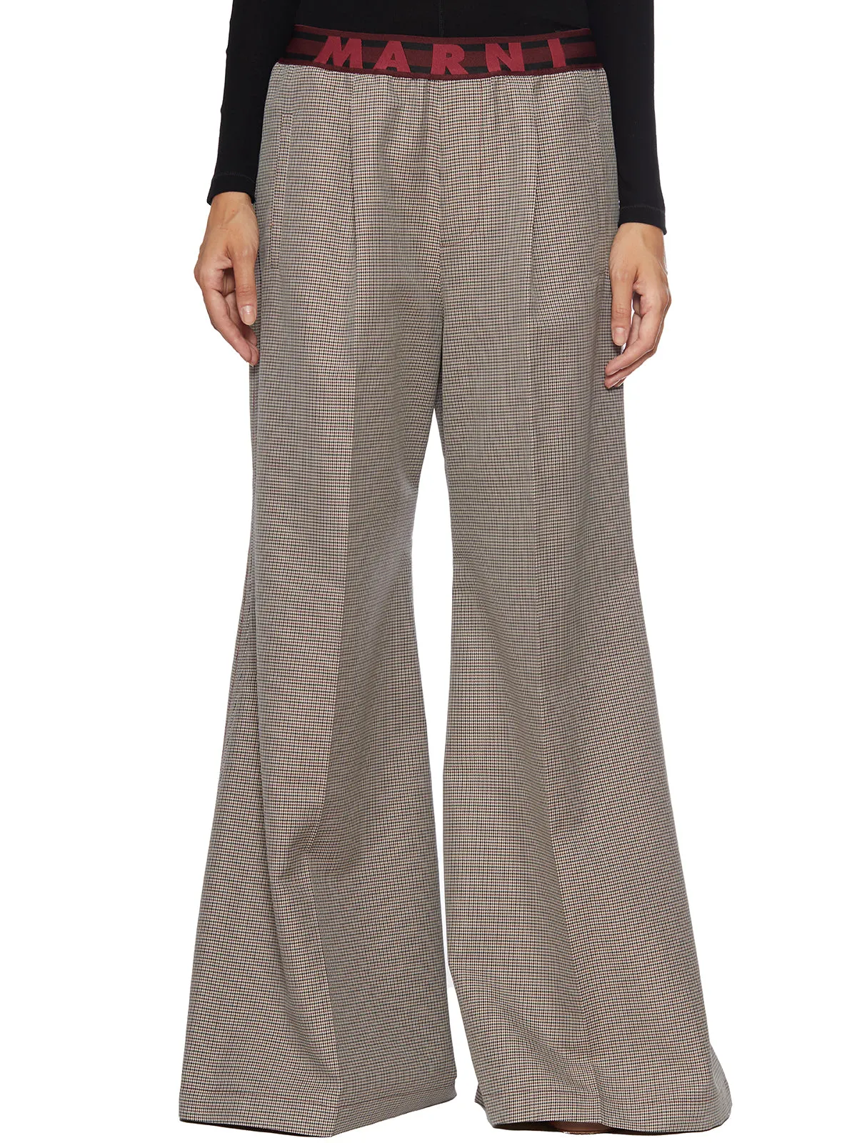 Marni women's grey trousers with logo waistband and flared legs