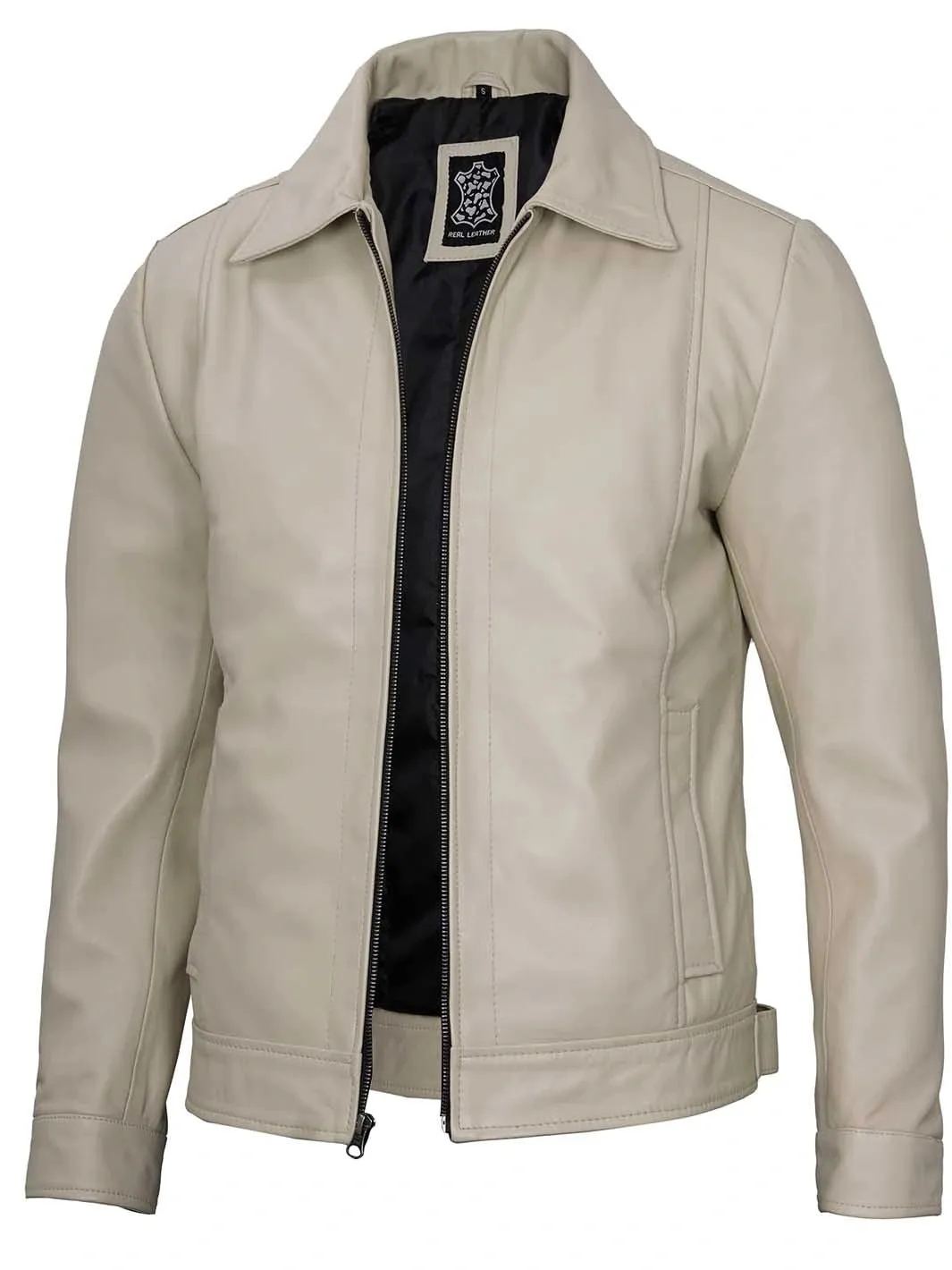 Men's Vintage Beige Leather Harrington Jacket - Reeves.