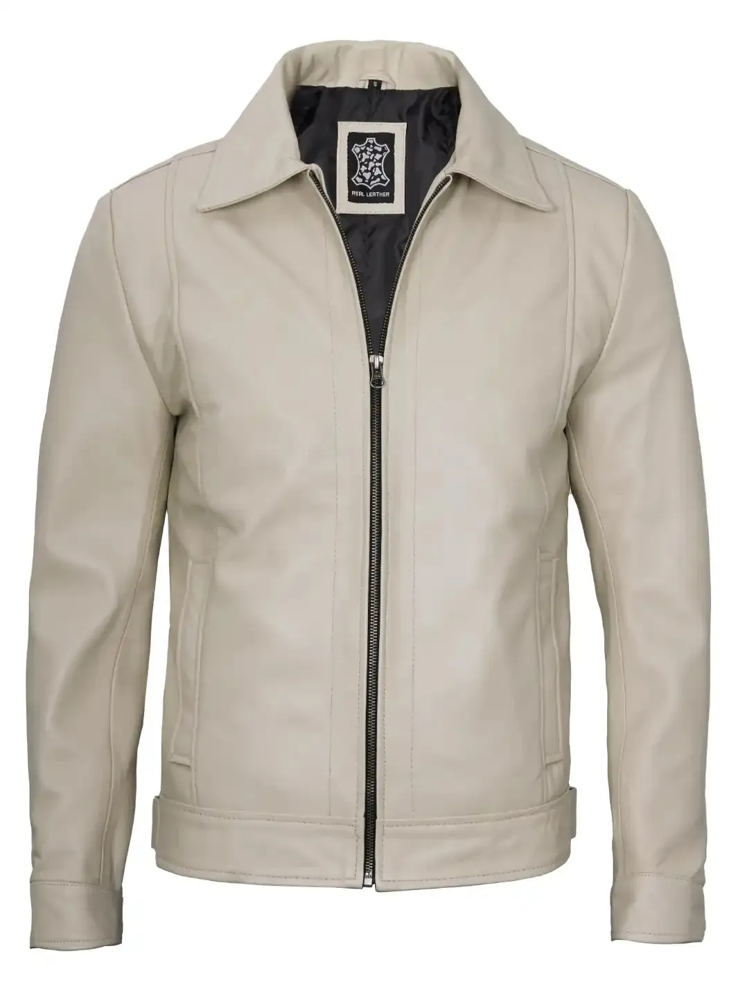 Men's Vintage Beige Leather Harrington Jacket - Reeves.