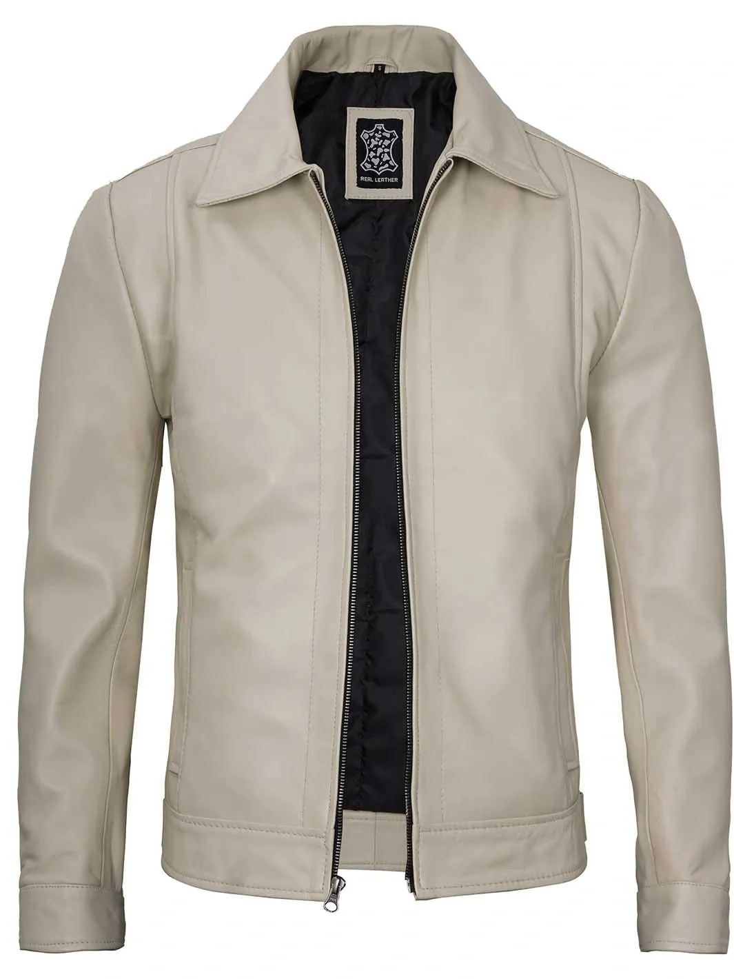 Men's Vintage Beige Leather Harrington Jacket - Reeves.