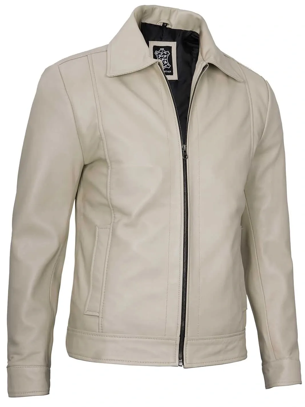 Men's Vintage Beige Leather Harrington Jacket - Reeves.