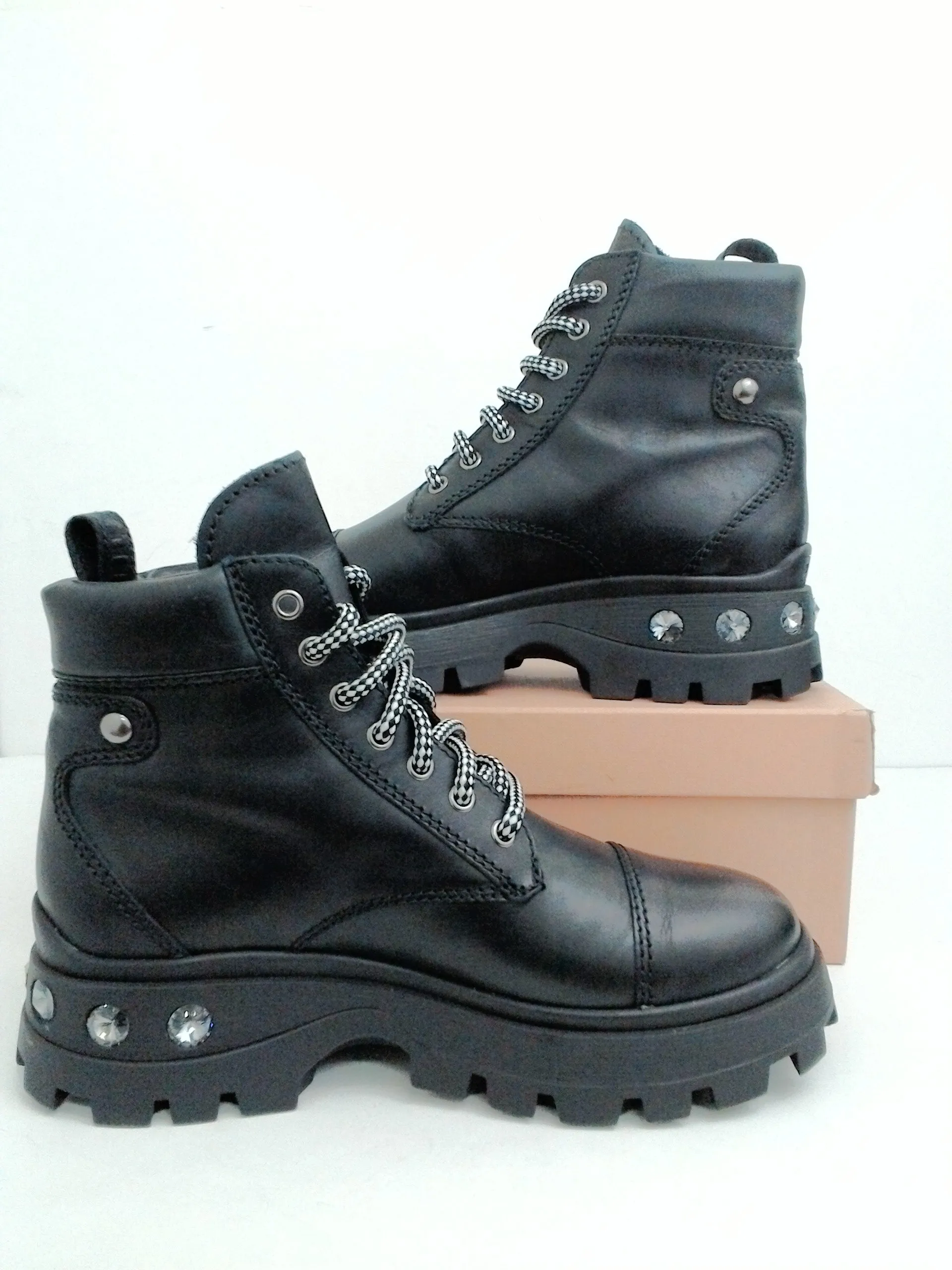 miu miu Donna Black Leather Combat Boots Size 39.5 - Women's