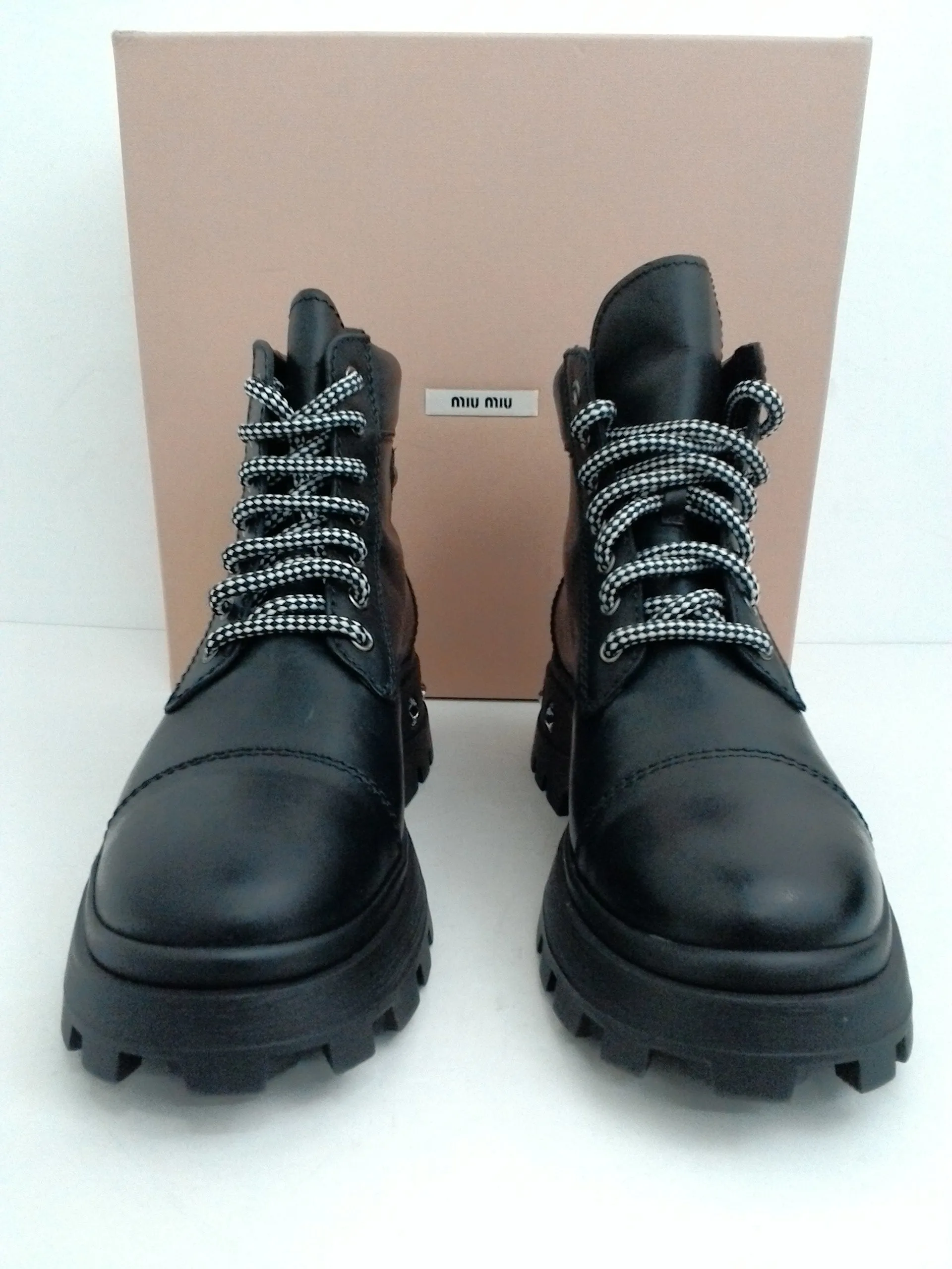 miu miu Donna Black Leather Combat Boots Size 39.5 - Women's