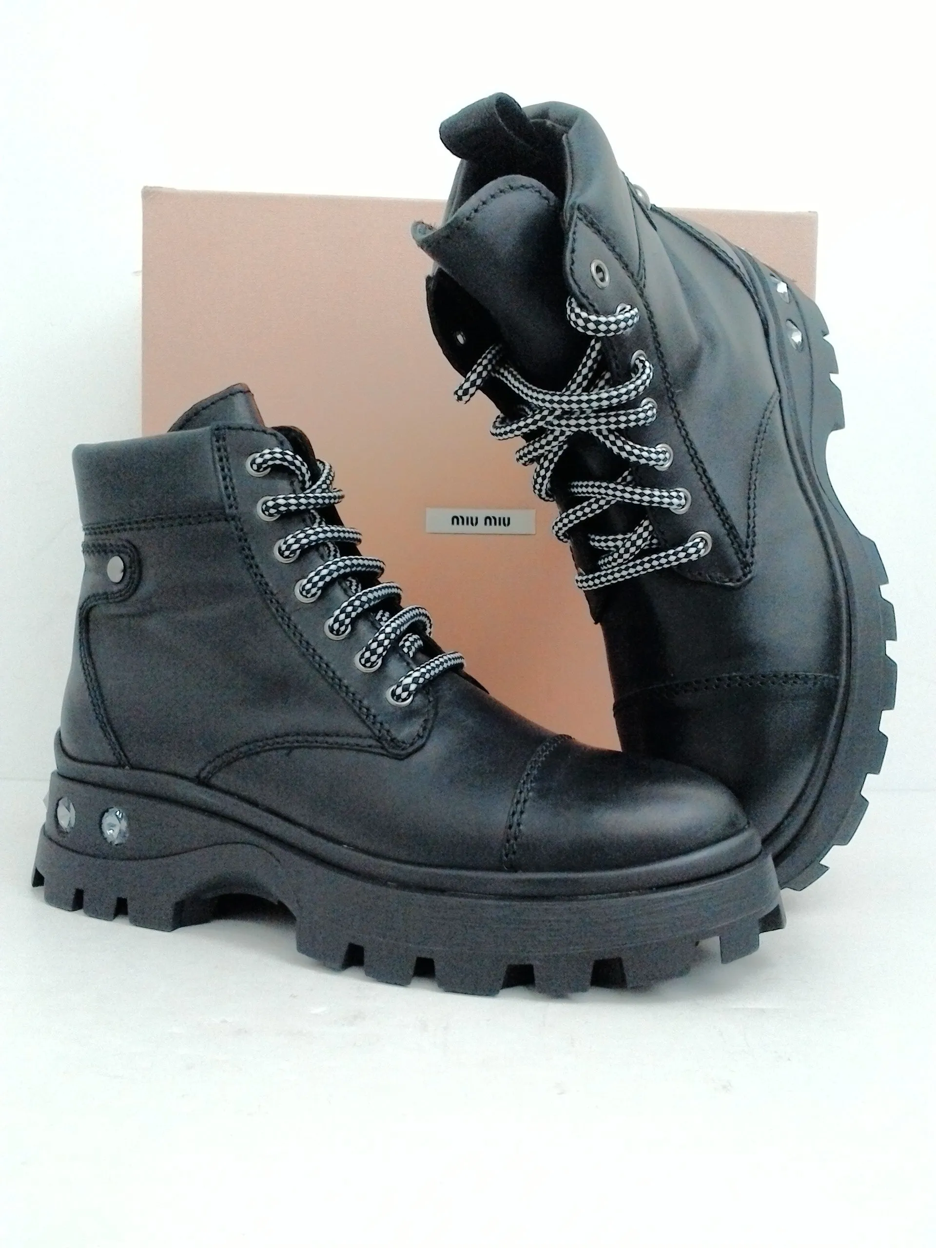 miu miu Donna Black Leather Combat Boots Size 39.5 - Women's