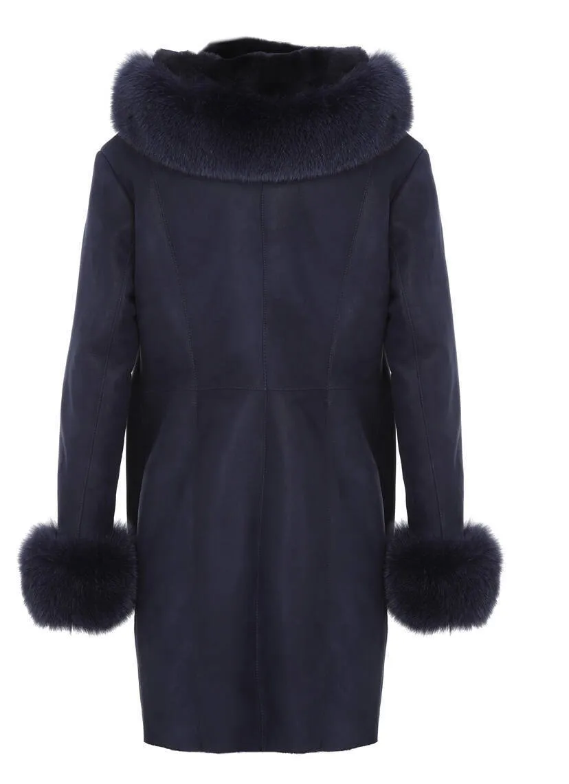 Navy Coat with Sheep and Fox Fur Details - Maria