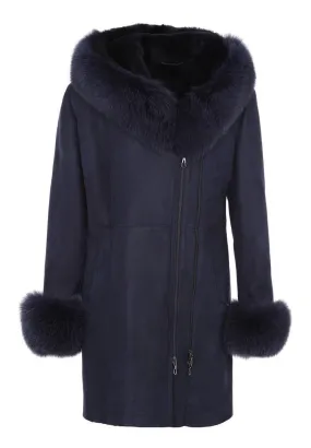 Navy Coat with Sheep and Fox Fur Details - Maria