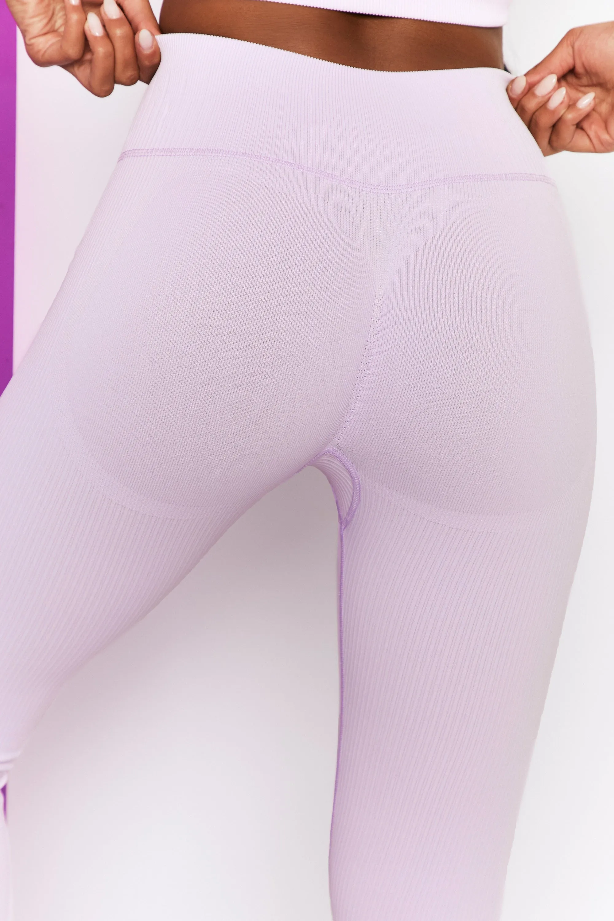 Petite Ribbed Lilac Leggings with Tie Front - Energising Full Length