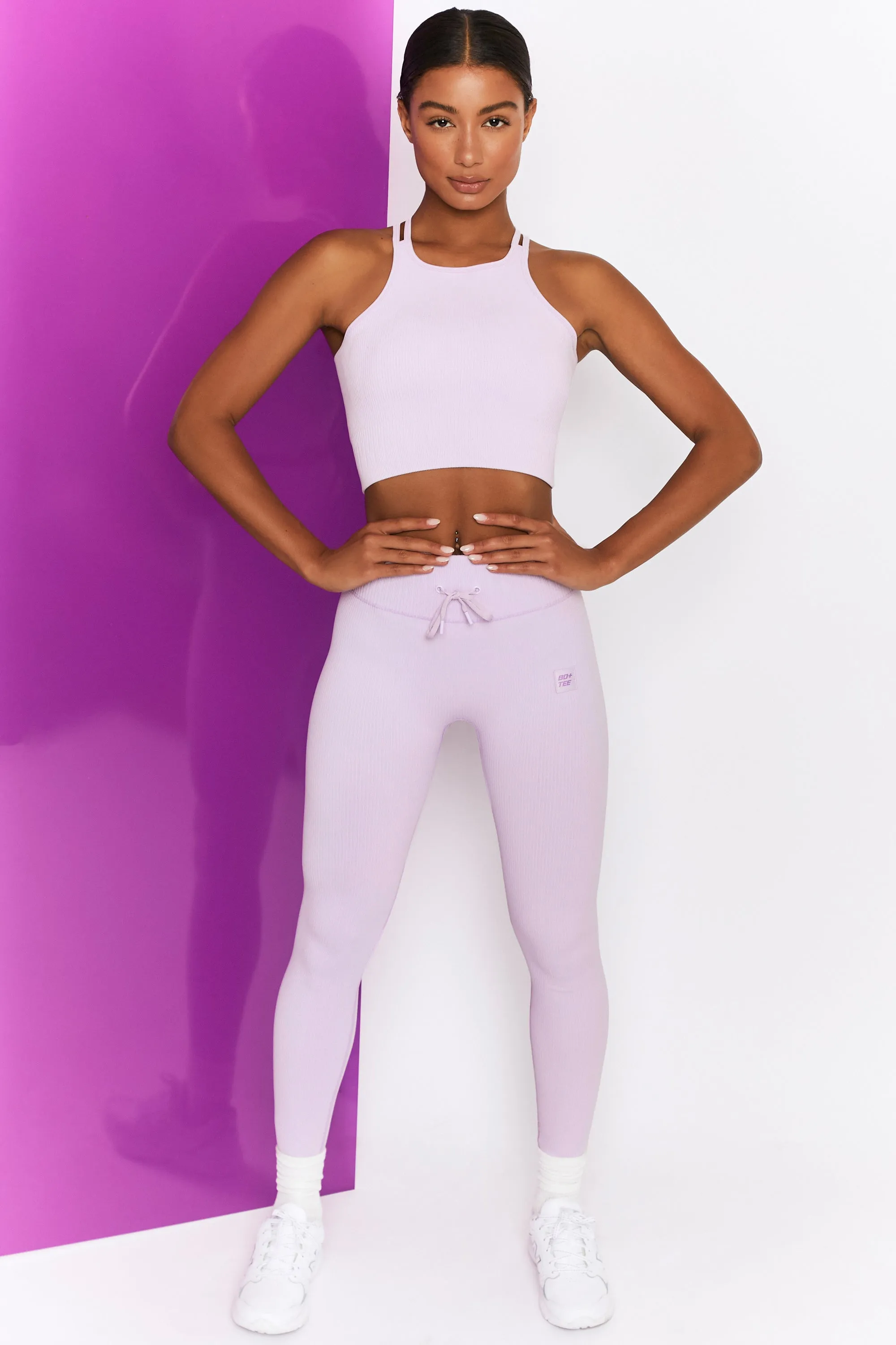 Petite Ribbed Lilac Leggings with Tie Front - Energising Full Length