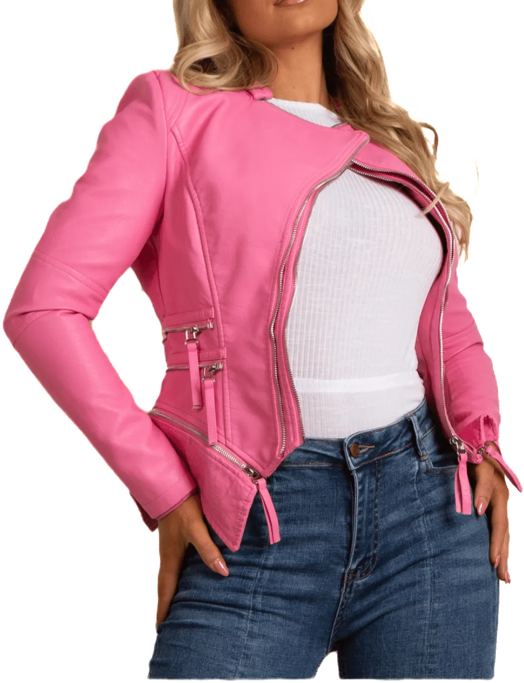 Pink Faux Leather Double Zip Motorcycle Jacket