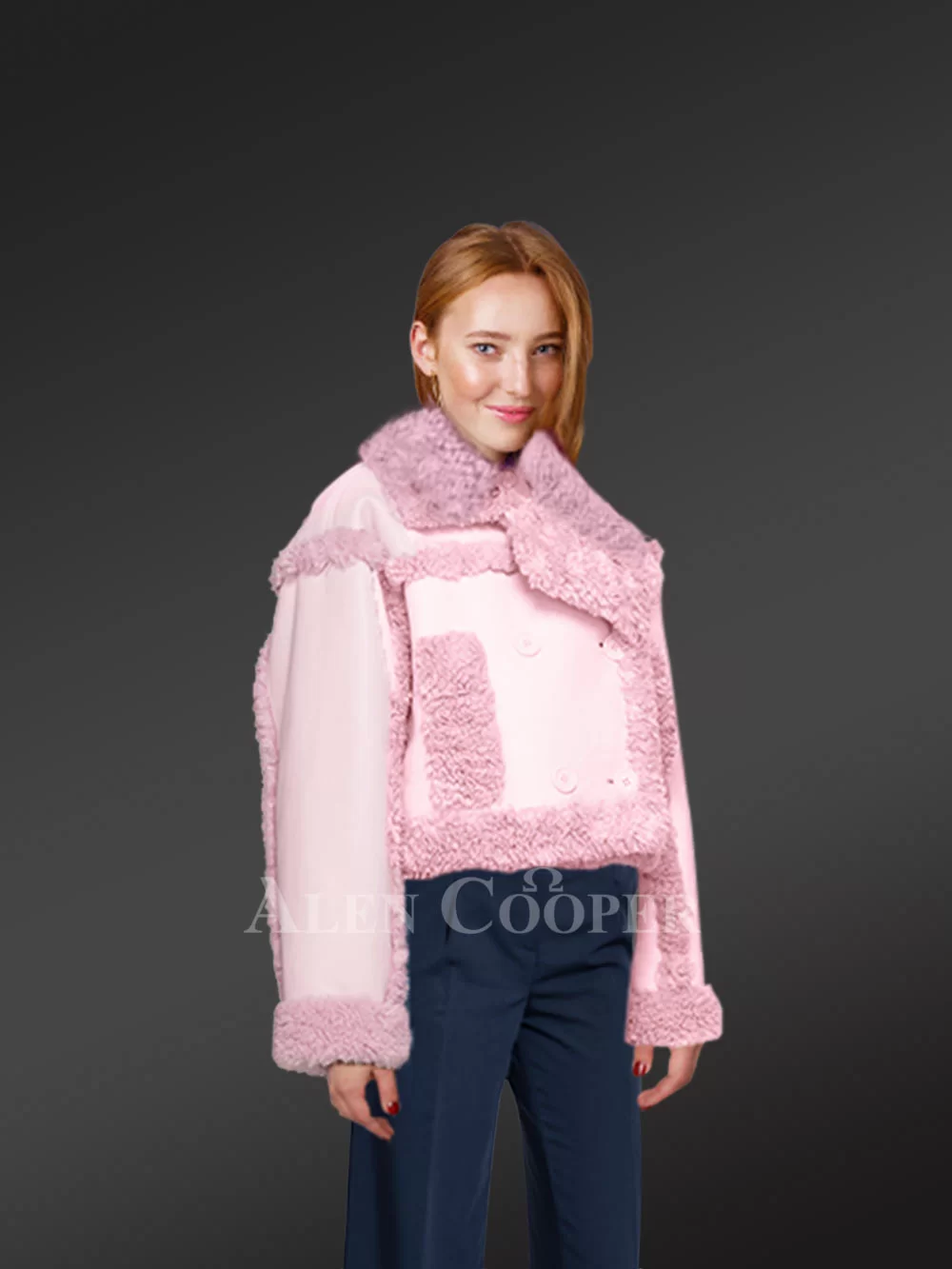 Pink Womens Shearling Crop Jacket