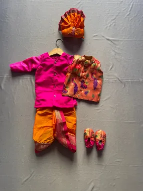 Premium pink paithani kurta with orange dhoti and jacket set for baby boy with pheta and booties