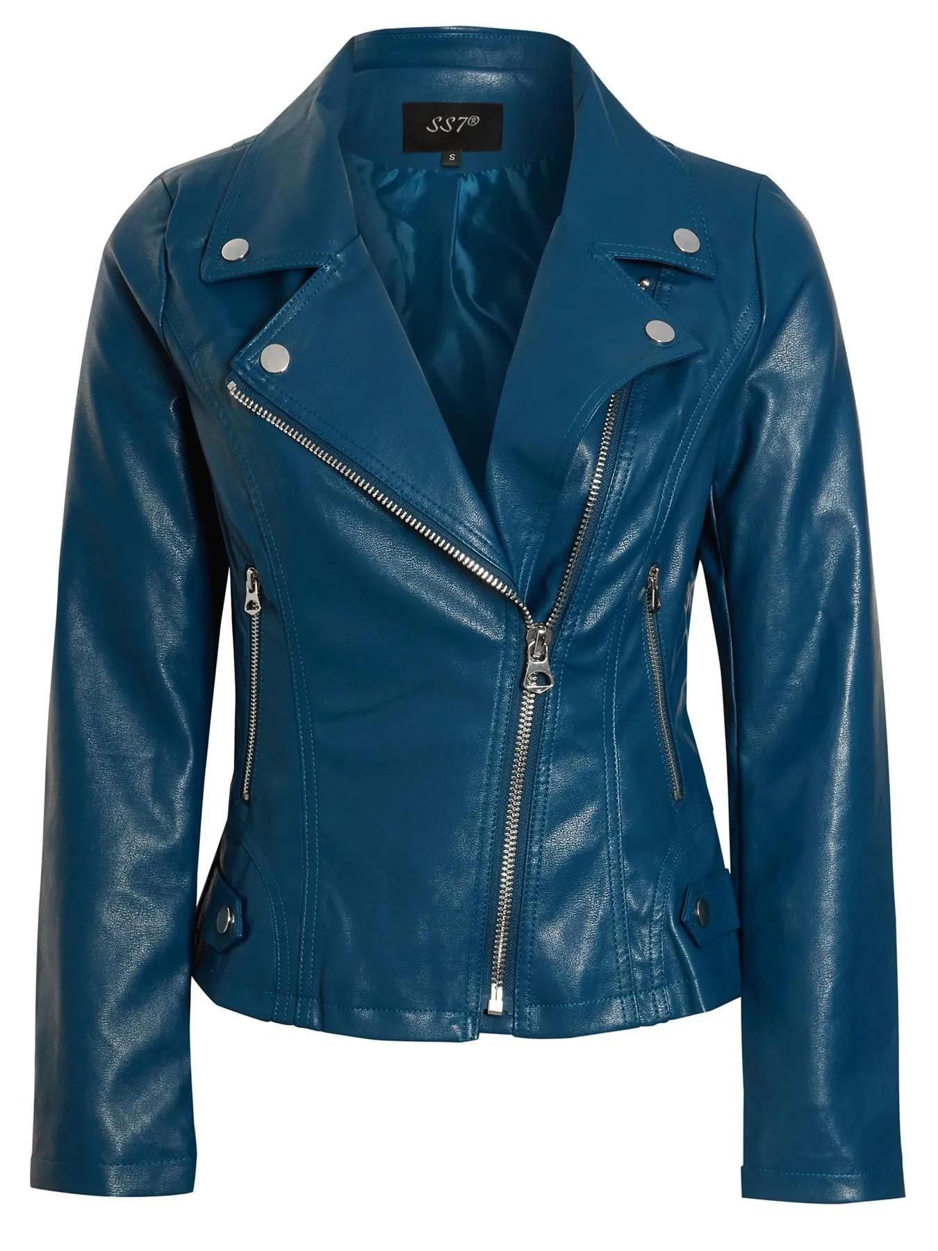 Black Teal Tan PU Faux Leather Biker Jacket UK Sizes 8 14