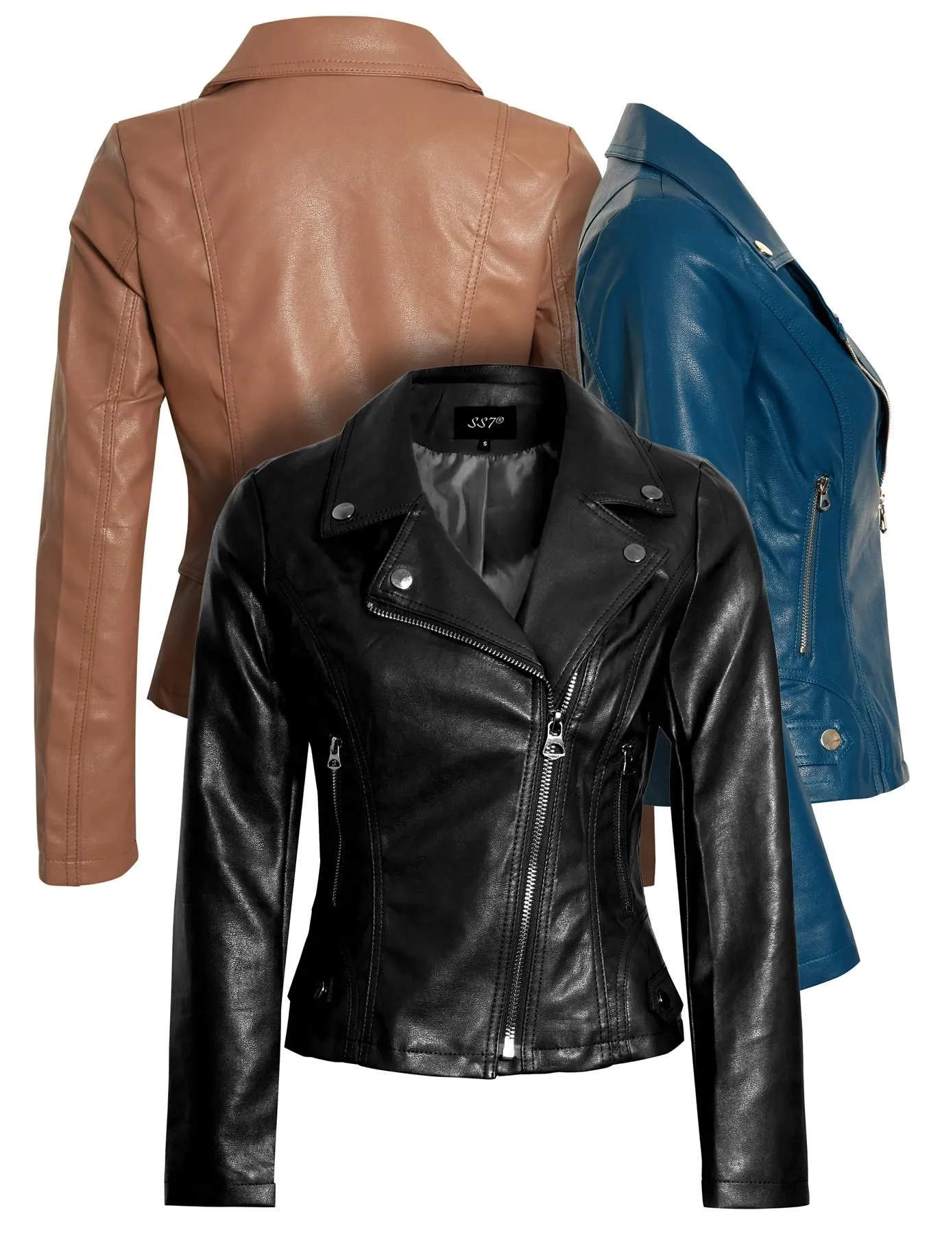 Black Teal Tan PU Faux Leather Biker Jacket UK Sizes 8 14