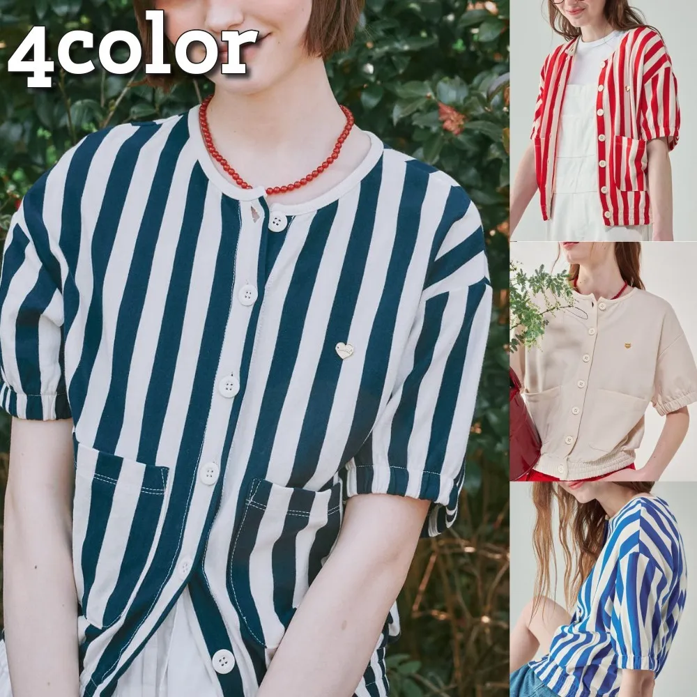 RONRON Striped Heart Street Style Short Sleeves Logo Cardigans