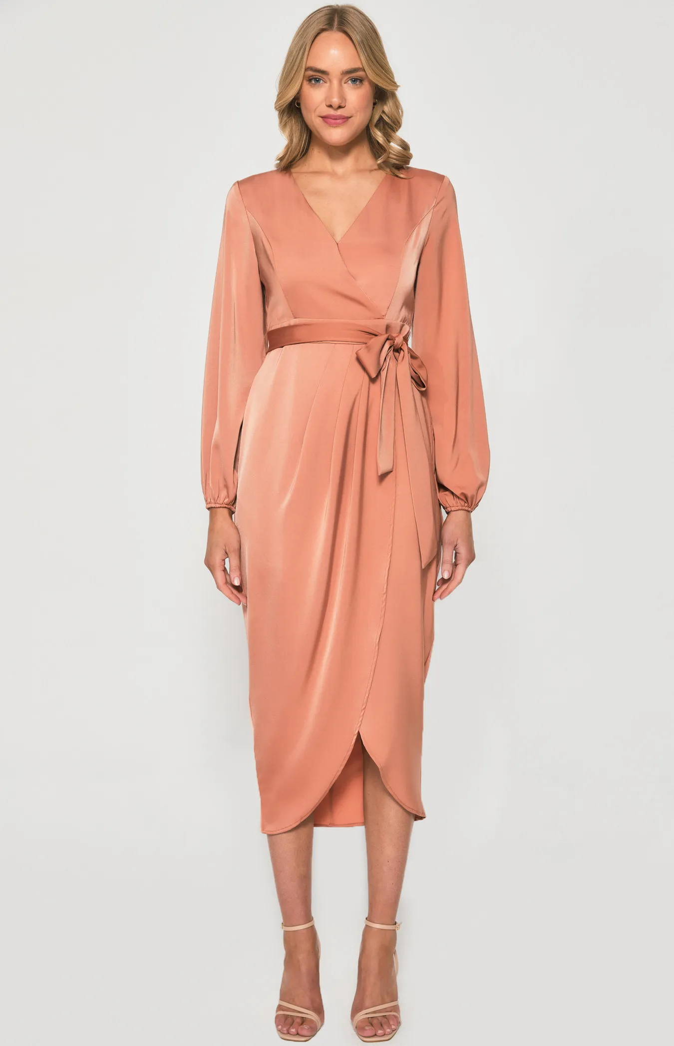 Long Sleeve Satin Dress with Tulip Hem (ADR1147A)