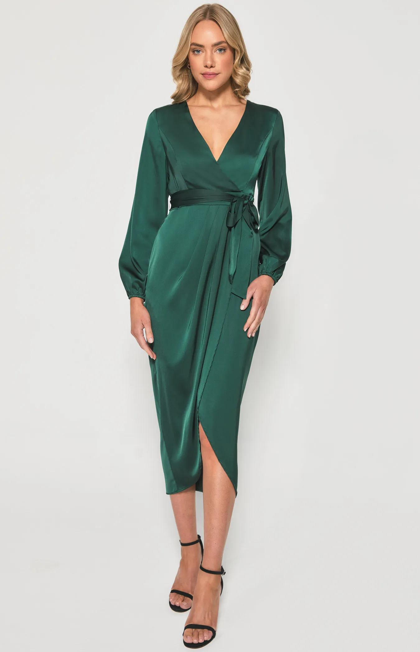 Long Sleeve Satin Dress with Tulip Hem (ADR1147A)