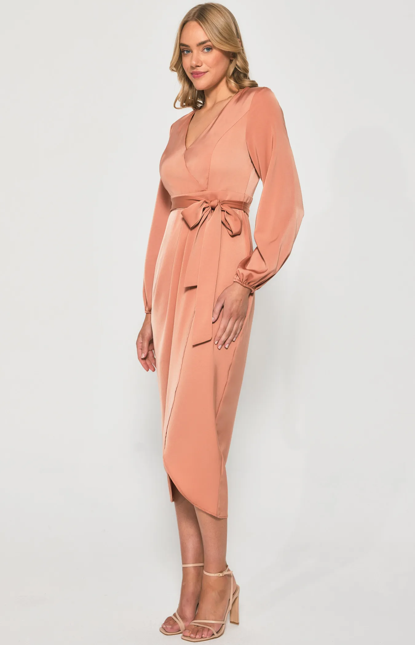 Long Sleeve Satin Dress with Tulip Hem (ADR1147A)