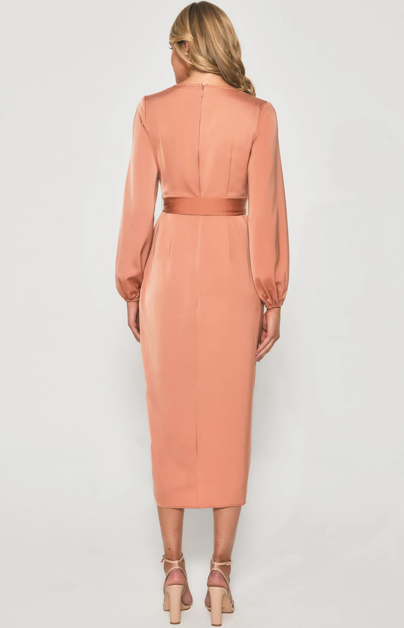 Long Sleeve Satin Dress with Tulip Hem (ADR1147A)