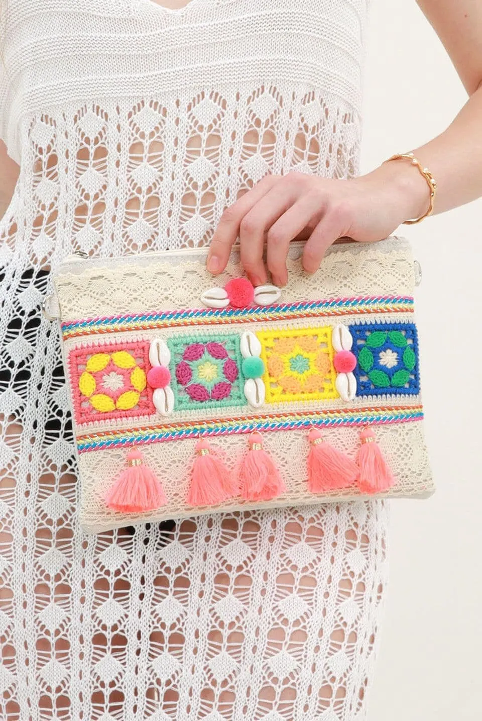 Multicolored Boho Clutch with Shell and Tassel Detail