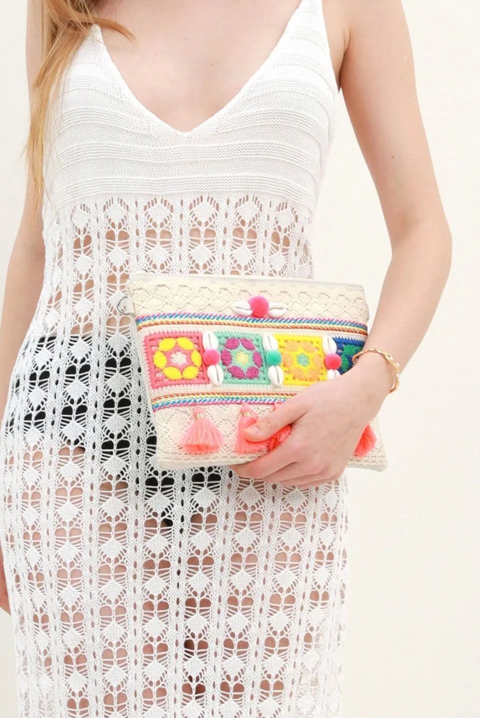 Multicolored Boho Clutch with Shell and Tassel Detail