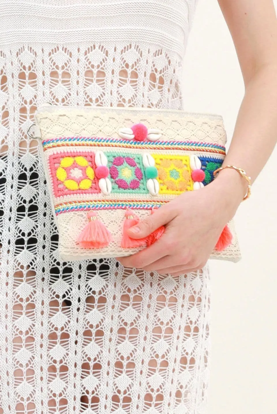 Multicolored Boho Clutch with Shell and Tassel Detail