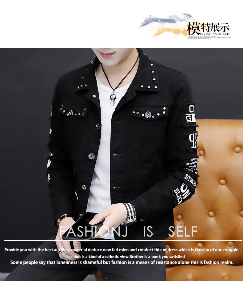 Spring Men's Korean-Style Fashion Jean Jacket Coat Size 3XL Handsome Versatile Students Students Stand Collar Warm Slim Coat Sty