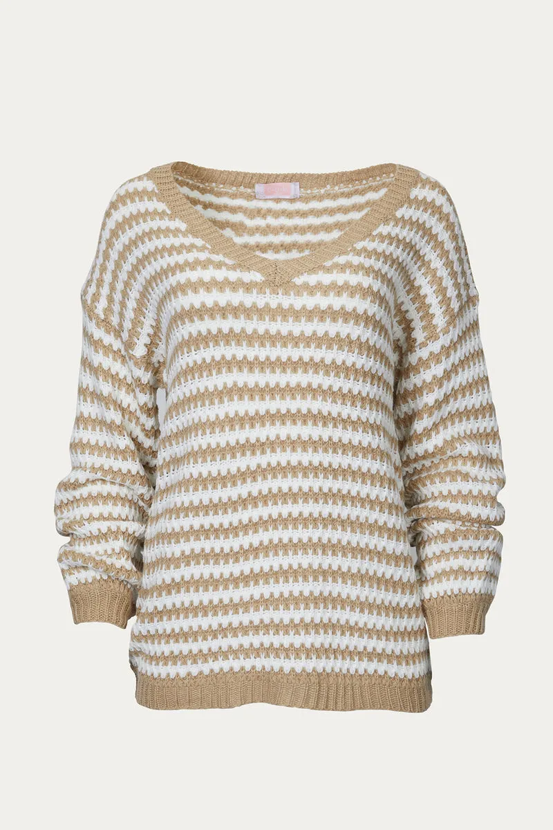 Striped V-Neck Sweater with Knit Fabric