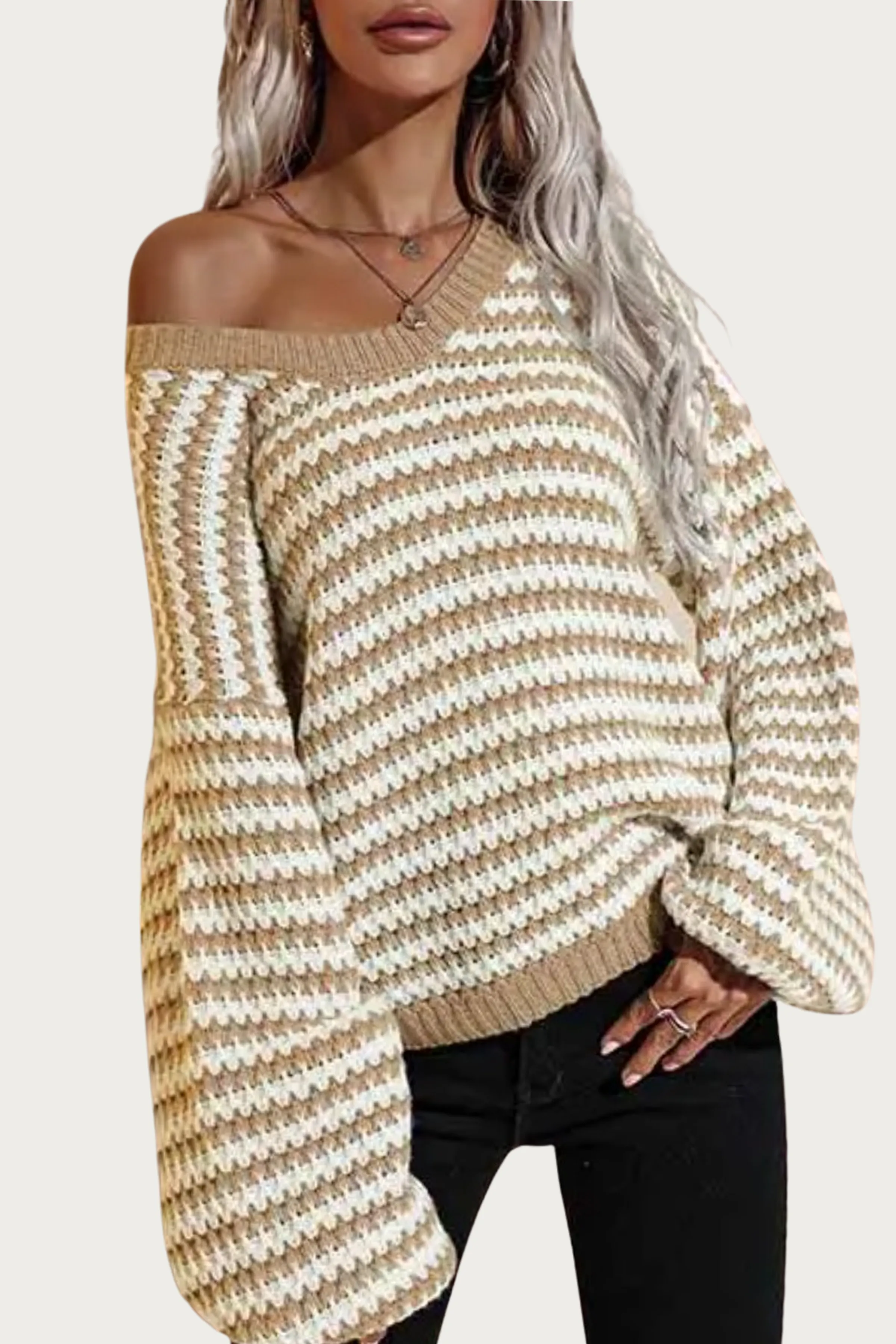 Striped V-Neck Sweater with Knit Fabric