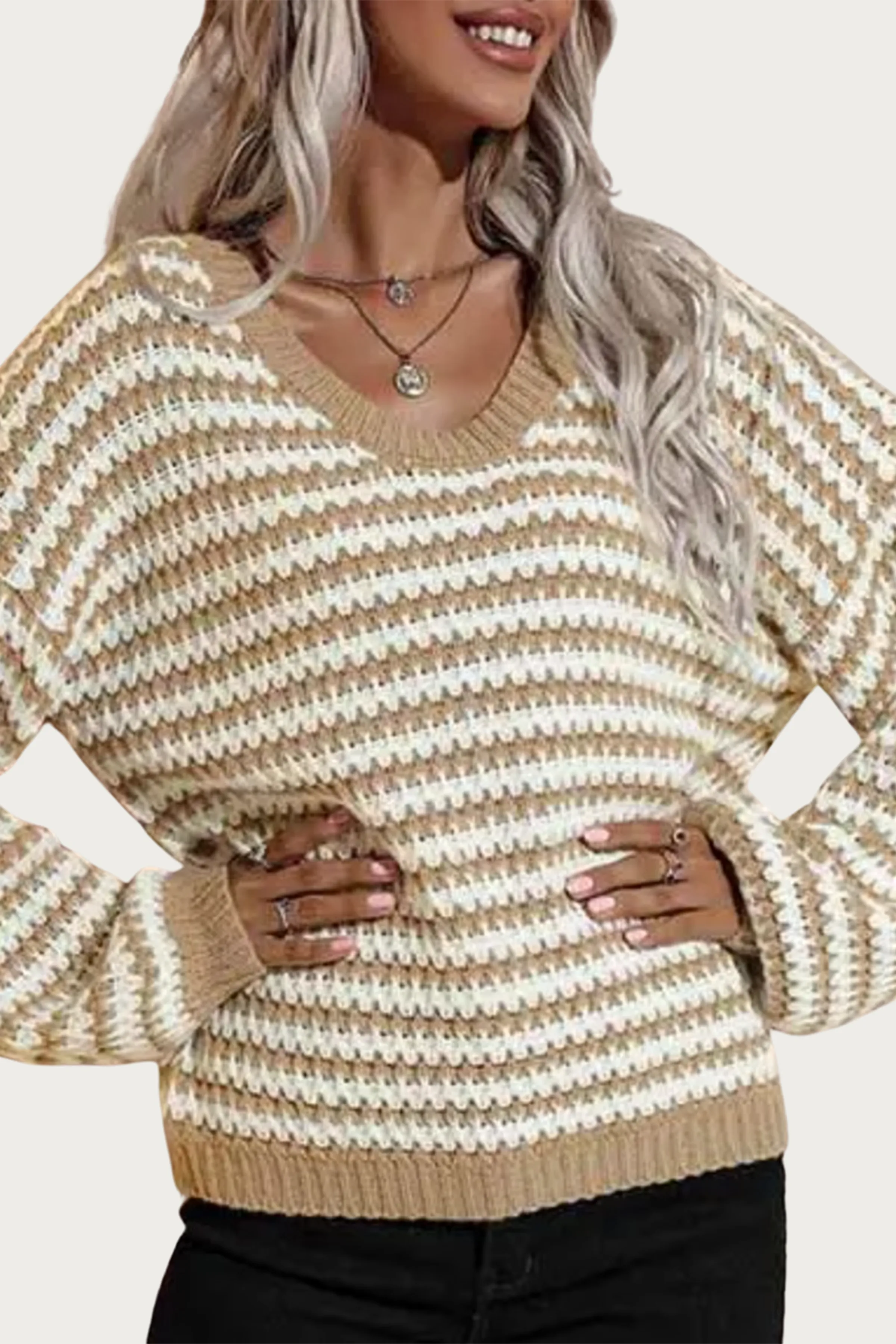 Striped V-Neck Sweater with Knit Fabric