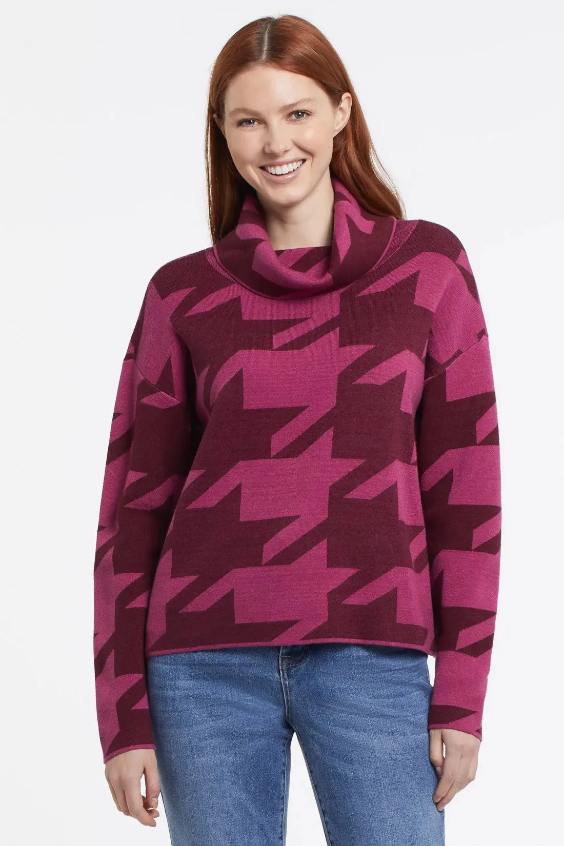 Tribal Women's Cowl Neck Sweater in Intarsia Knit.