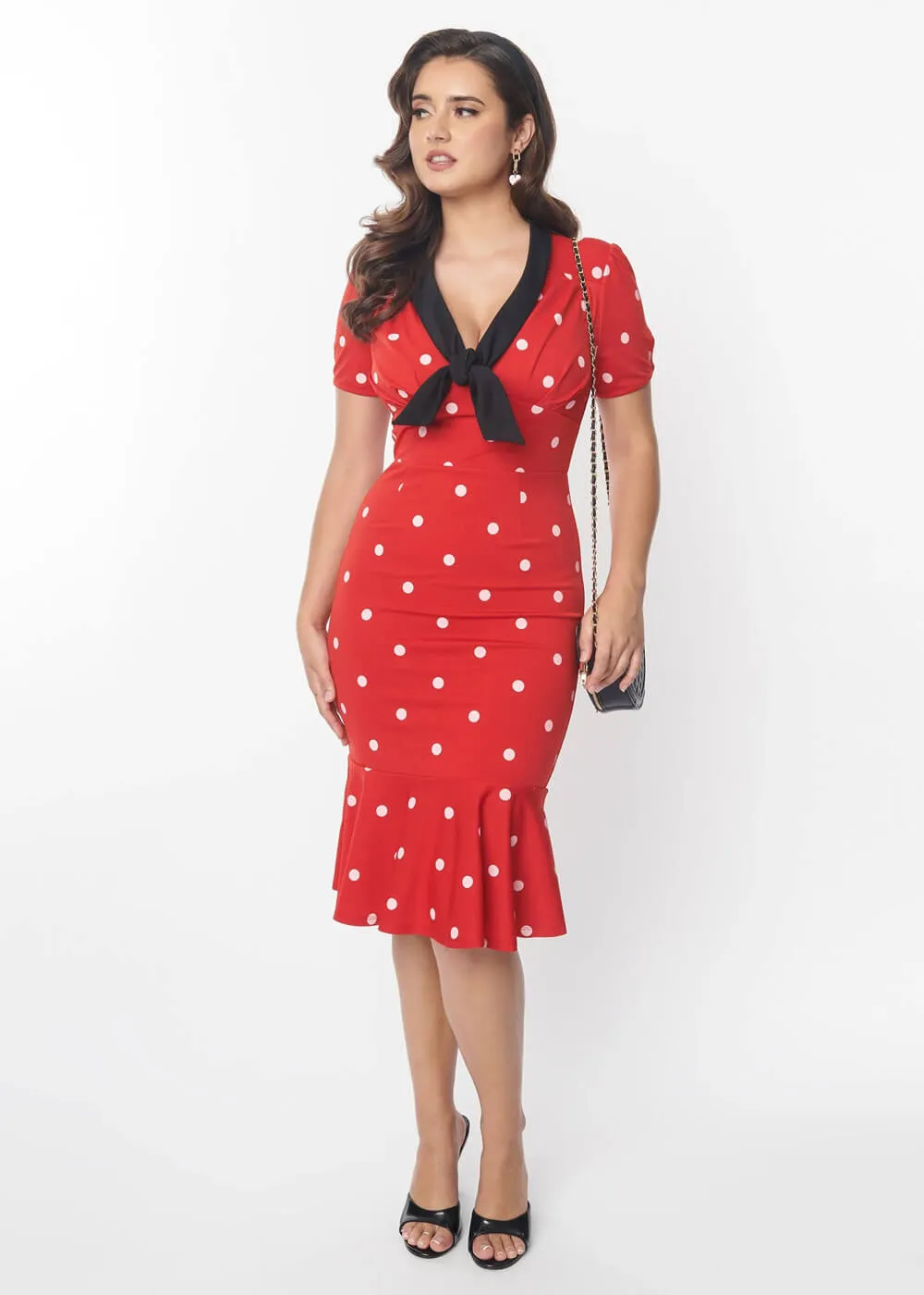 Unique Vintage Carmen Polkadot 50's Wiggle Pencil Dress Red