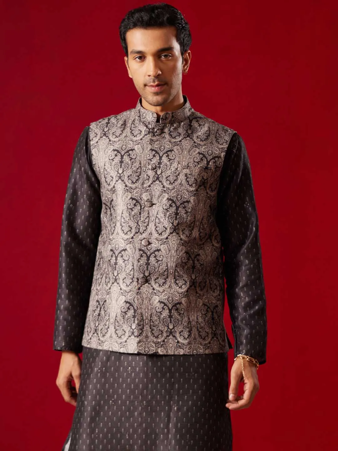 Men's Black Jacquard Silk Blend Ethnic Jacket by Vastramay